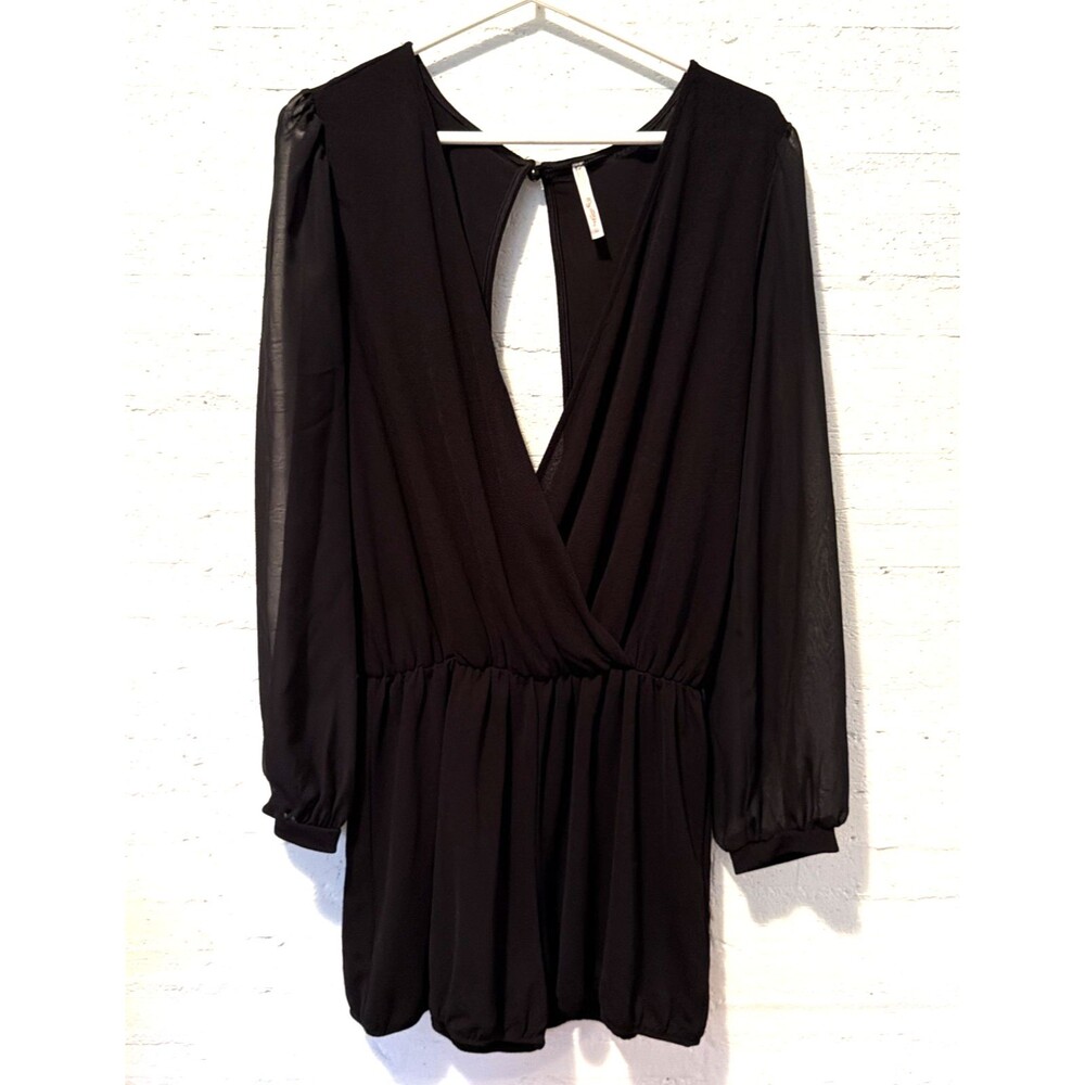 Whimsigoth Fairygoth Boho-chic Chiffon Sheer Sleeve Romper Deep-V Black L